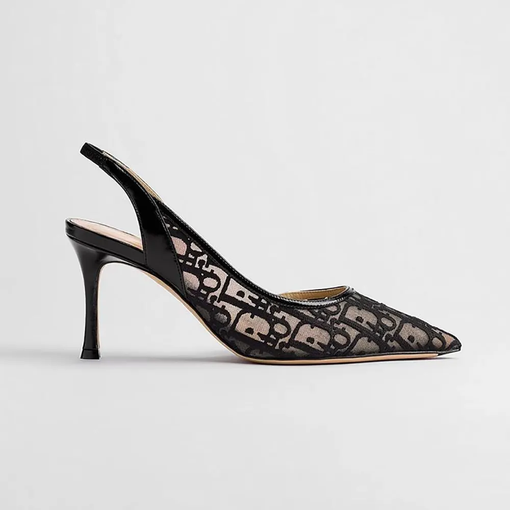 Side view of Dior Women Adiorable Slingback Pump Black Dior Oblique Embroidered Mesh