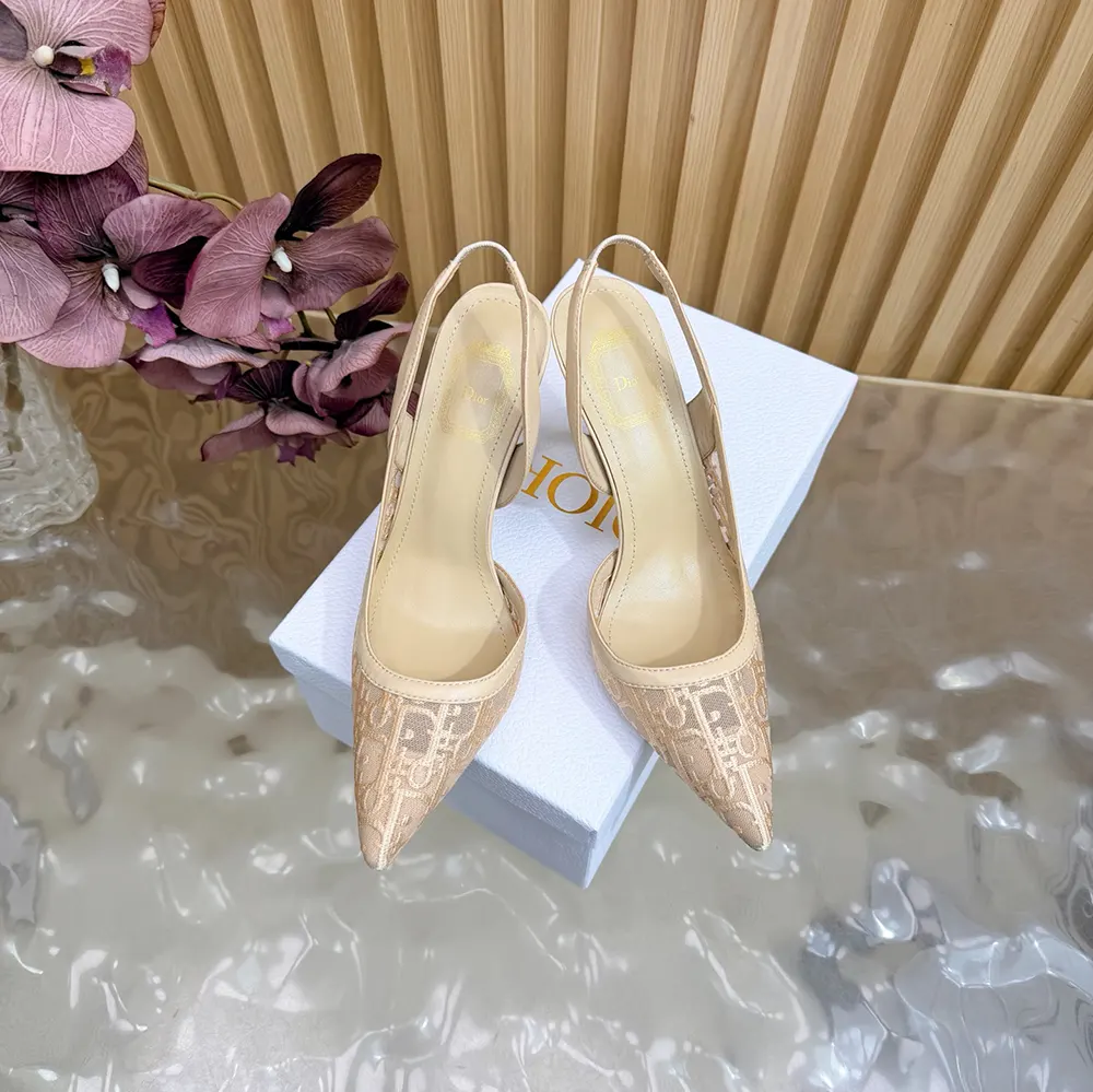 Close-up of Dior Oblique embroidered detail on slingback pump