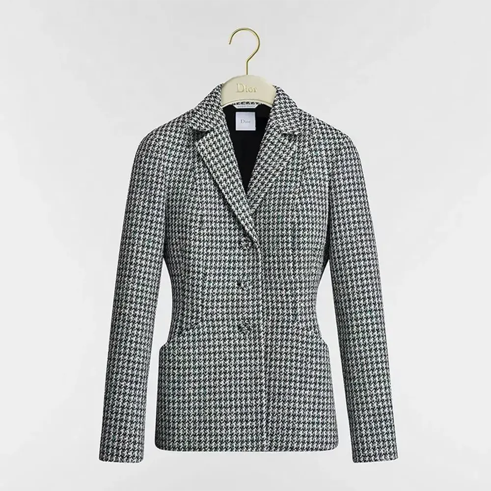 Front view of Dior Women Bar Jacket Black and White Houndstooth with sequins
