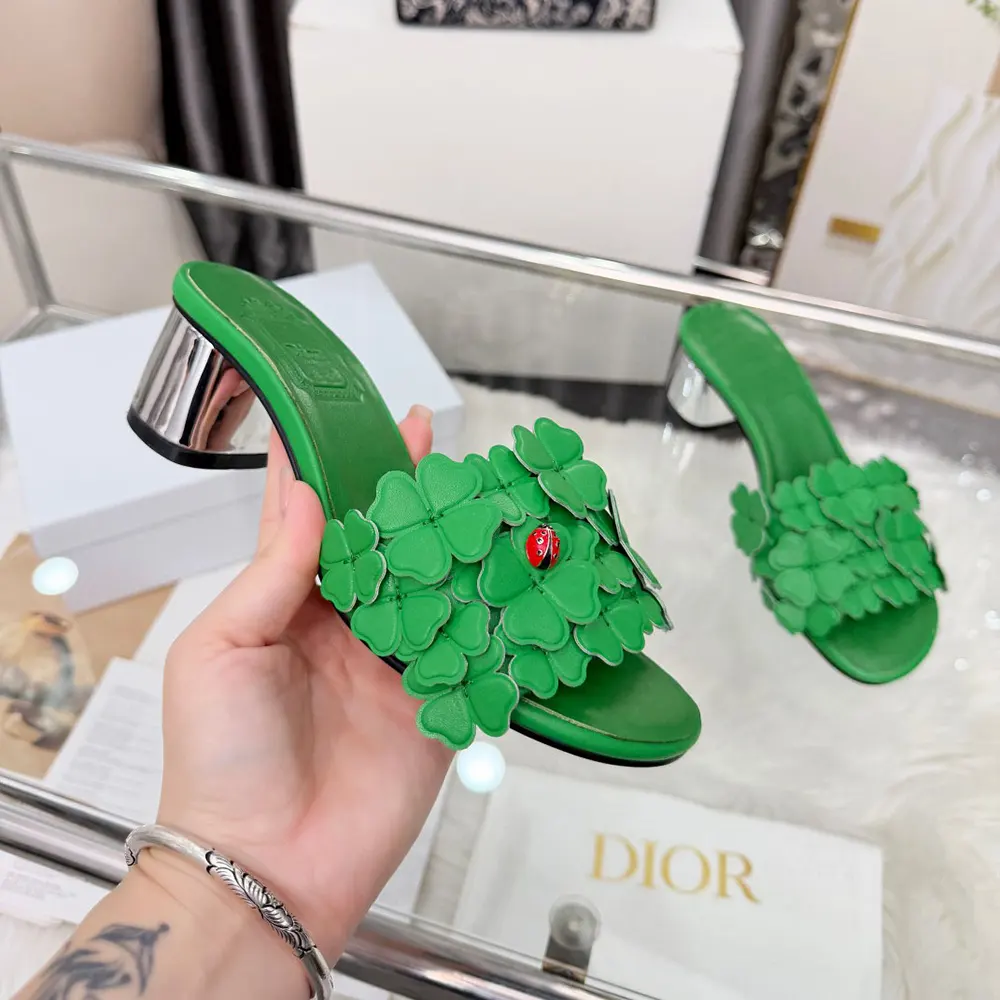 Dior Women Bloom Heeled Slide Green Dior Clover Embroidered Lambskin - image 6