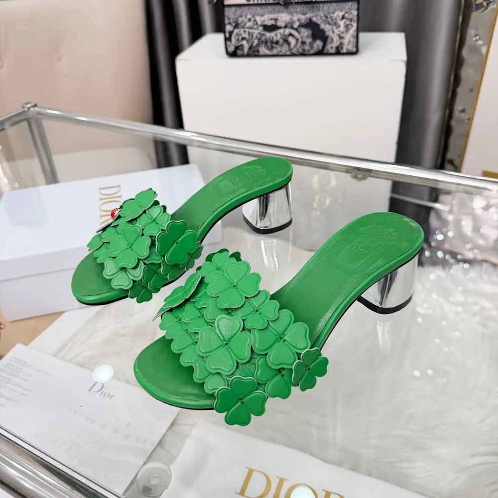 Dior Women Bloom Heeled Slide Green Dior Clover Embroidered Lambskin - image 4
