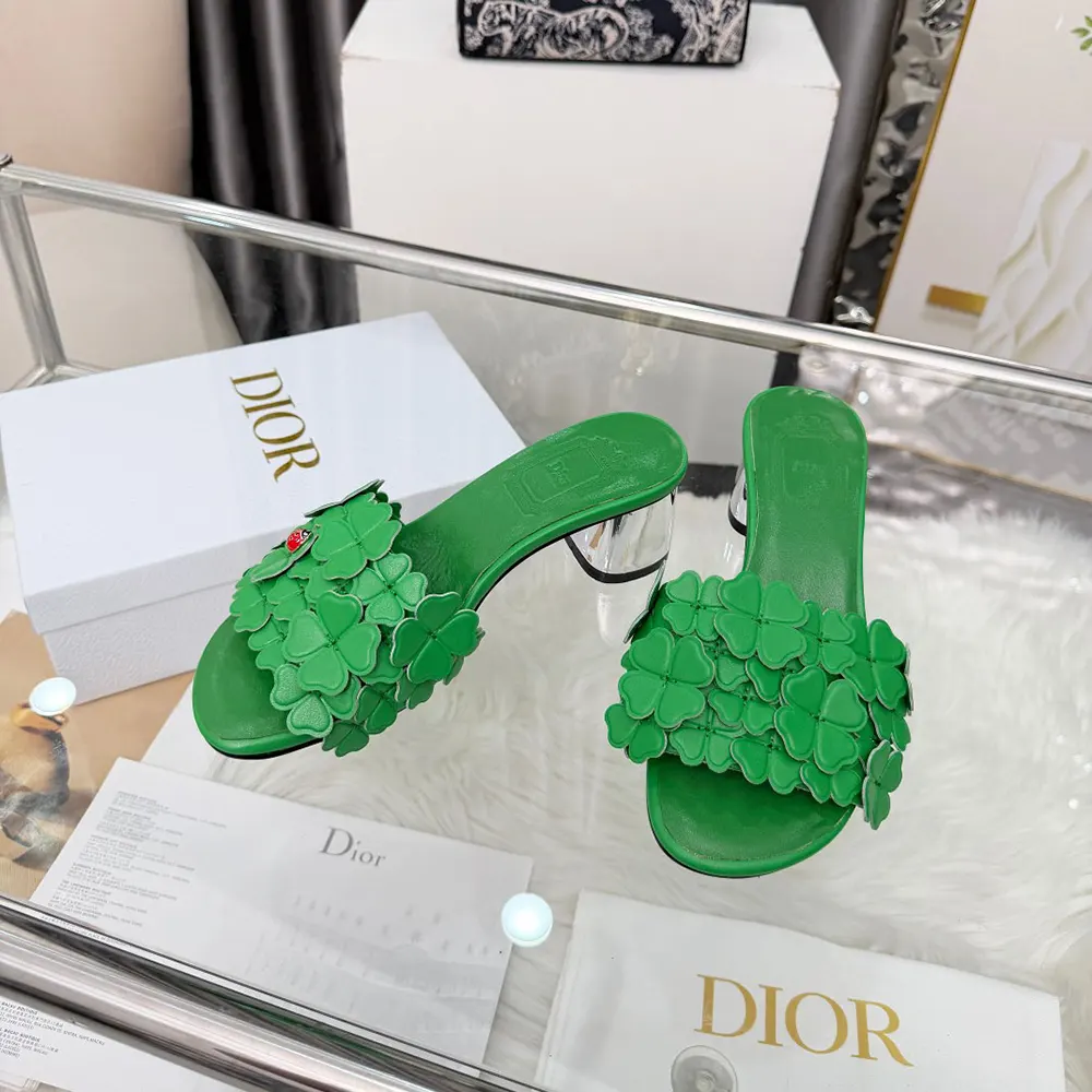 Back angle showing silver hardware and lambskin heel on Dior Women Bloom Heeled Slide