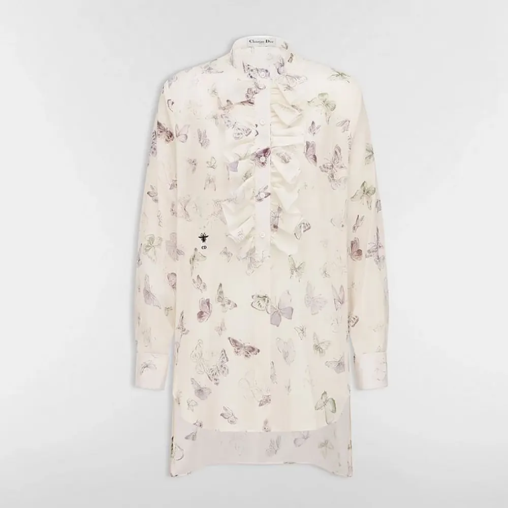 Front view of Dior Women Blouse with Ruffled Neckline Beige Cotton Muslin with Multicolor Butterfly Motif