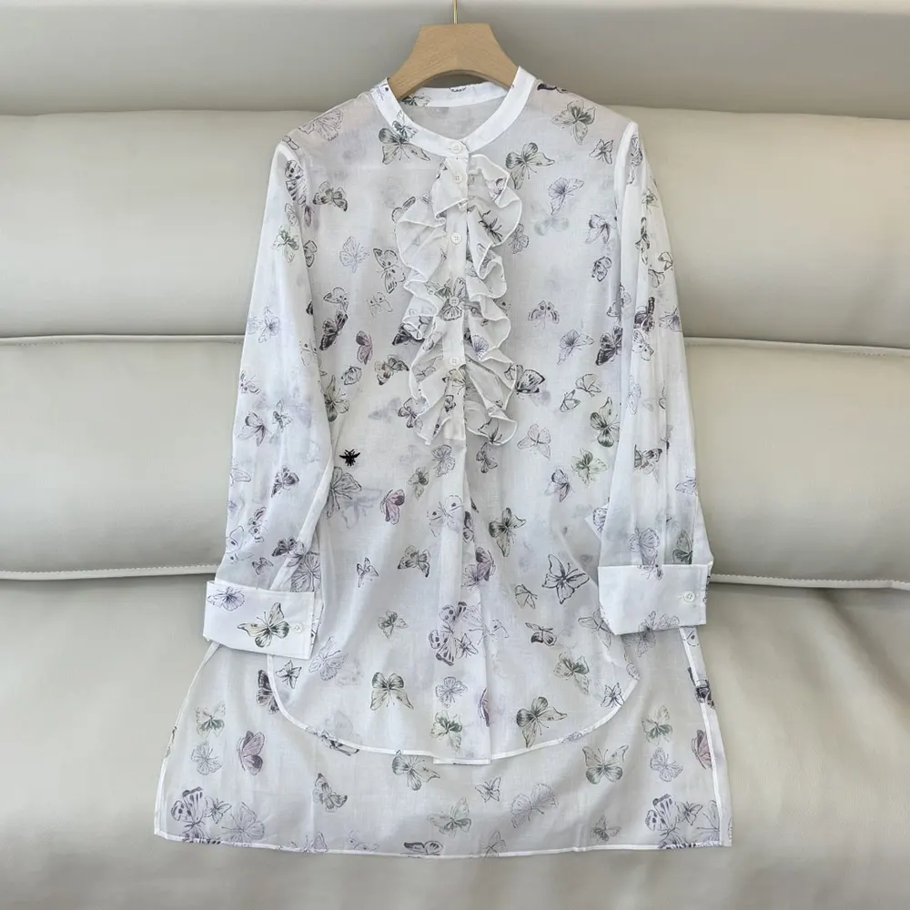 Close-up of ruffled neckline and butterfly motif on Dior Women Blouse with Ruffled Neckline Beige Cotton Muslin