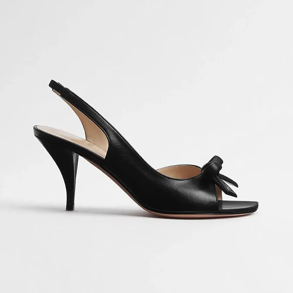 Close-up side view of Dior Women Bow Heeled Slingback Sandal Black Lambskin