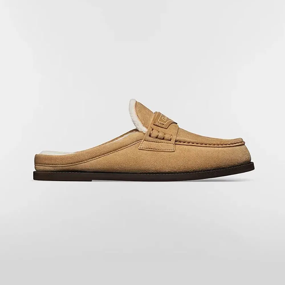 Side angle of Dior Women Boy Mule Beige Suede Goatskin showing silhouette