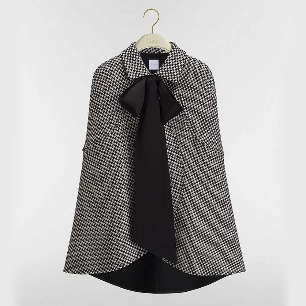 Front view of Dior Women Cape with Tied Neckline Black and White Houndstooth Silk-Virgin-Wool Blend