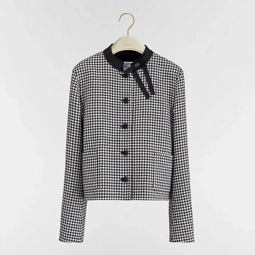 Front view of Dior Women Cropped Jacket Black and White Houndstooth