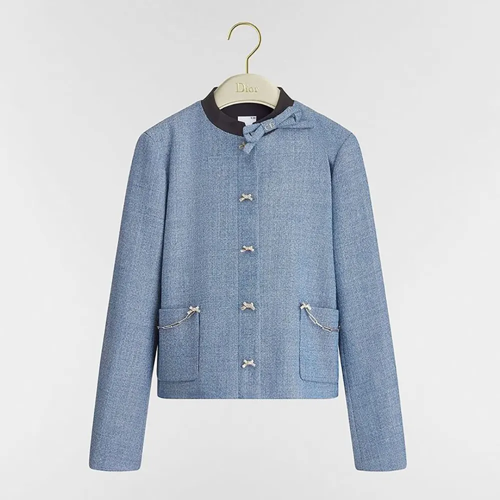 Front view of Dior Women Cropped Jacket Blue Virgin Wool Tweed
