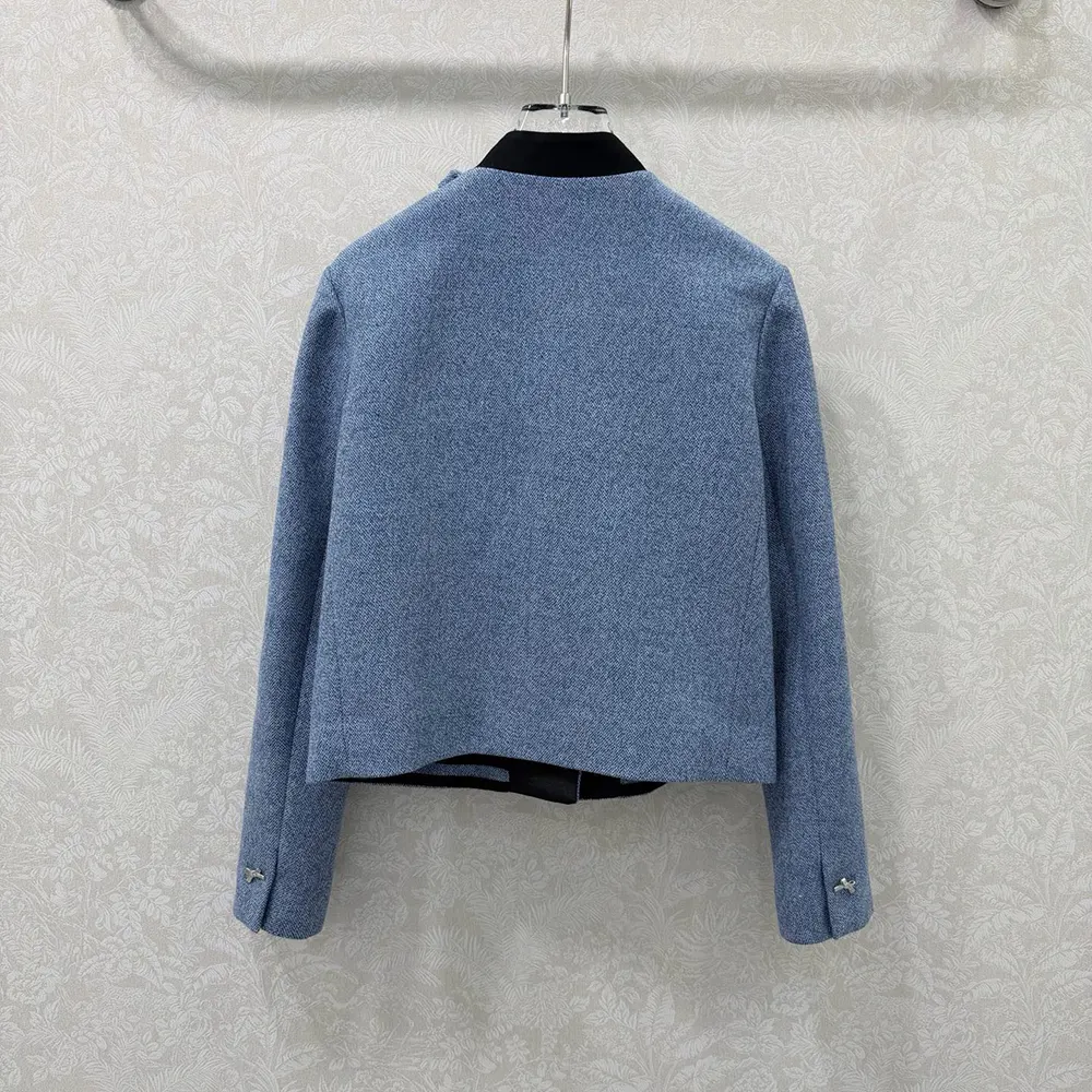 Side angle showing silhouette of Dior Women Cropped Jacket Blue Virgin Wool Tweed