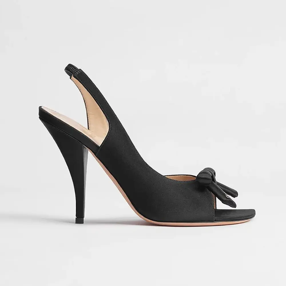 Side view of Dior Women Dior Bow Heeled Slingback Sandal Black Satin