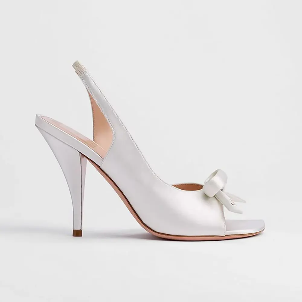 Side view of Dior Women Dior Bow Heeled Slingback Sandal White Satin