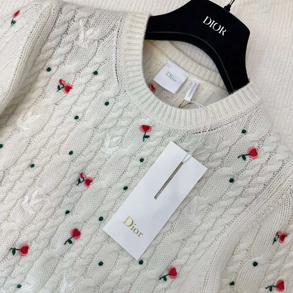Dior Women Dioramour Embroidered Short-Sleeved Sweater Ecru Cashmere Cable-Knit - image 4