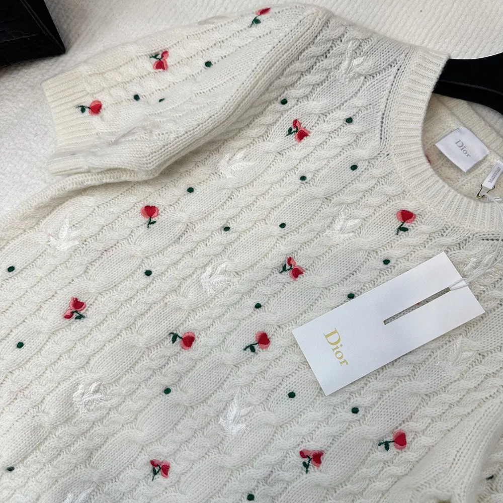Dior Women Dioramour Embroidered Short-Sleeved Sweater Ecru Cashmere Cable-Knit - image 5