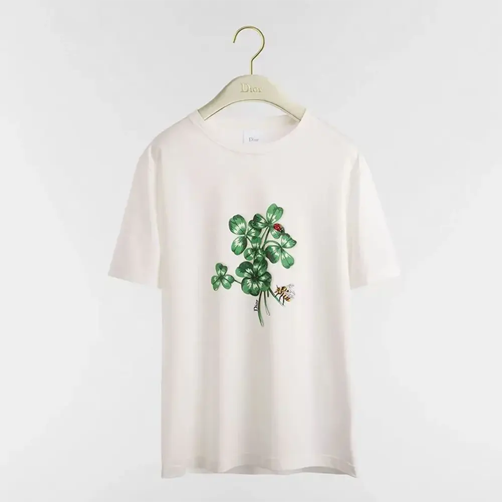 Front view of Dior Women Fitted T-Shirt White Cotton Jersey with Green Dior Clover Motif