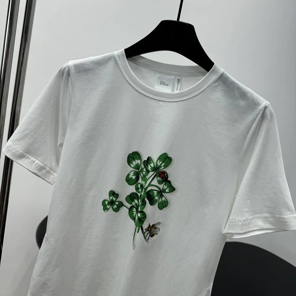 Dior Women Fitted T-Shirt White Cotton Jersey with Green Dior Clover Motif - image 9