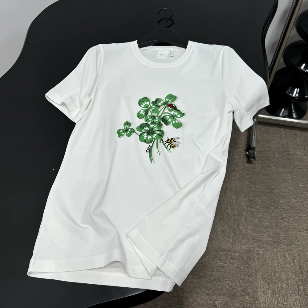 Dior Women Fitted T-Shirt White Cotton Jersey with Green Dior Clover Motif - image 4