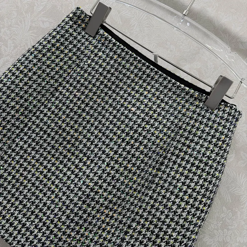 Dior Women Flared Miniskirt Black and White Houndstooth Virgin Wool Blend with Multicolor Sequins - image 4