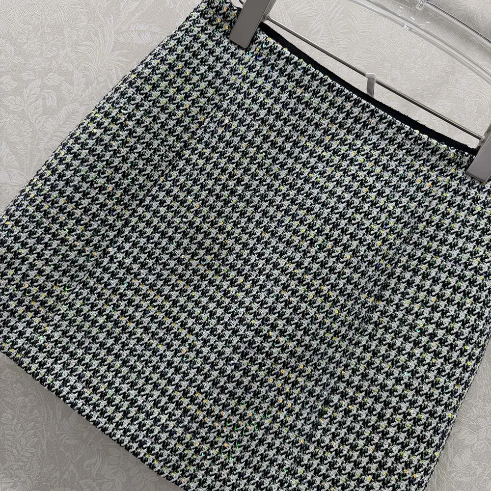 Dior Women Flared Miniskirt Black and White Houndstooth Virgin Wool Blend with Multicolor Sequins - image 5