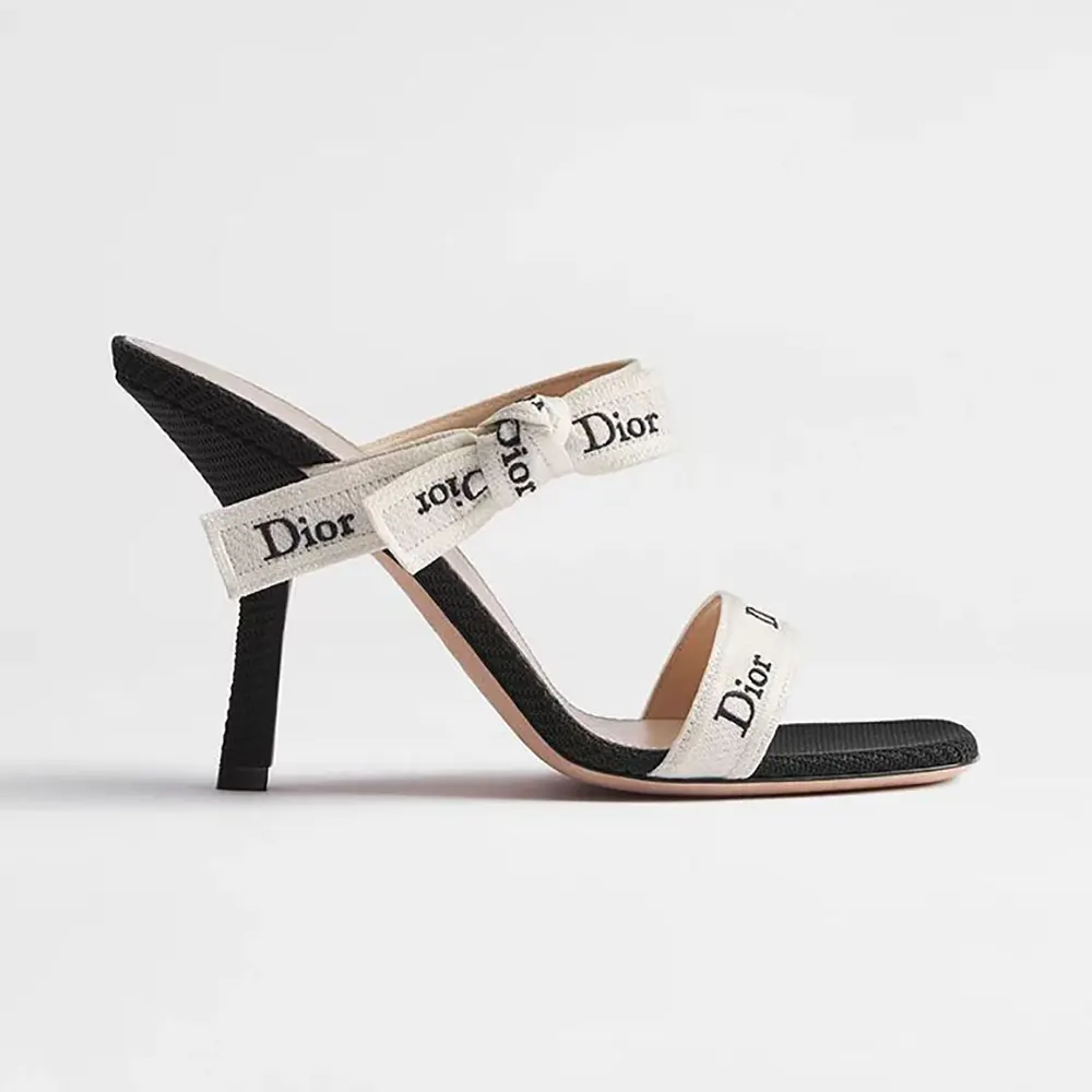 Front angle of Dior Women Heeled Sandal with J’Adior Straps Black Embroidered Cotton