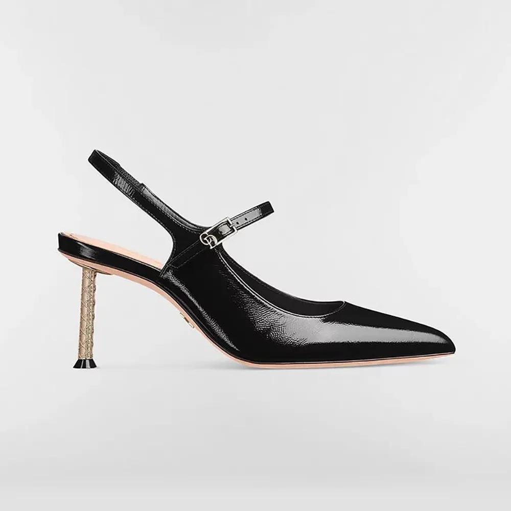 Side angle of Dior Women Icon Slingback Pump black crinkled patent calfskin