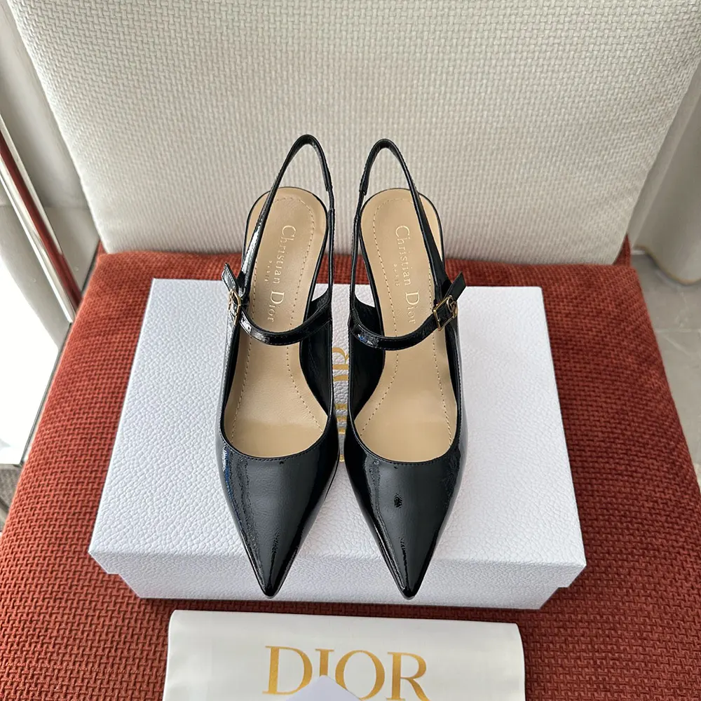 Close-up of Dior slingback buckle and crinkled patent calfskin texture