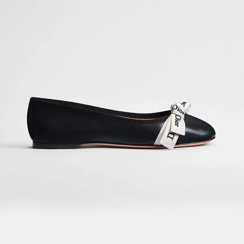 Side view of Dior Women J’Adior Ballet Flat Black Lambskin