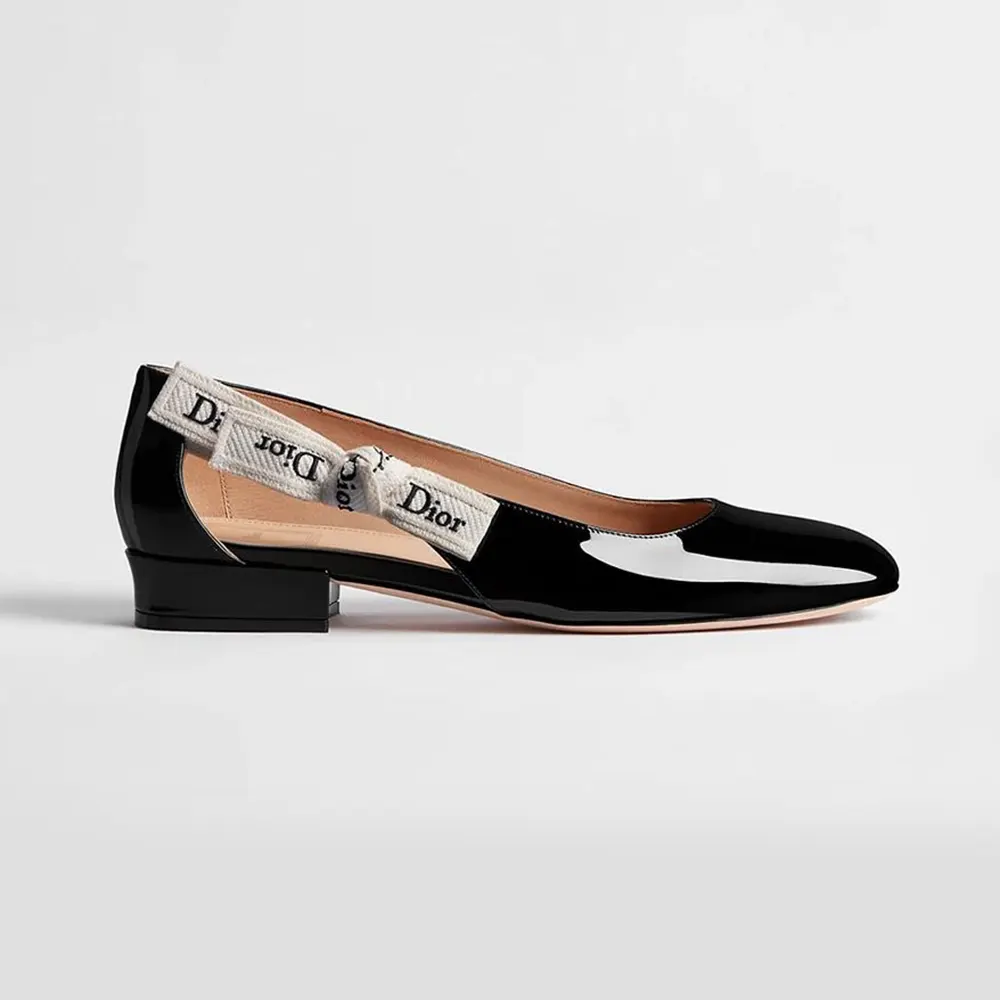 Side view of Dior Women J’Adior Ballet Flat Black Patent Calfskin