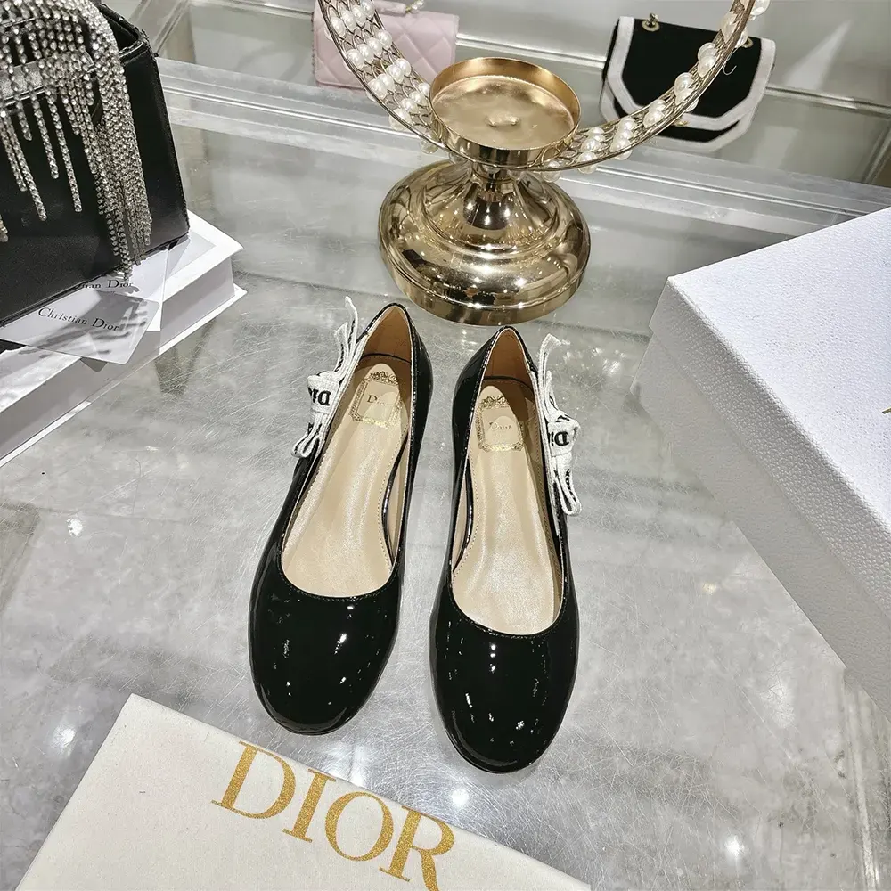 Overhead view showing glossy patent leather of Dior J’Adior Ballet Flat