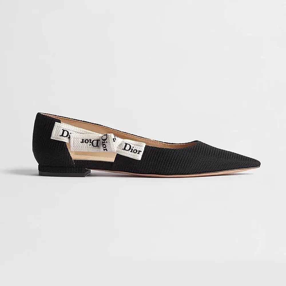 Side profile of Dior Women J’Adior Ballet Flat black technical fabric