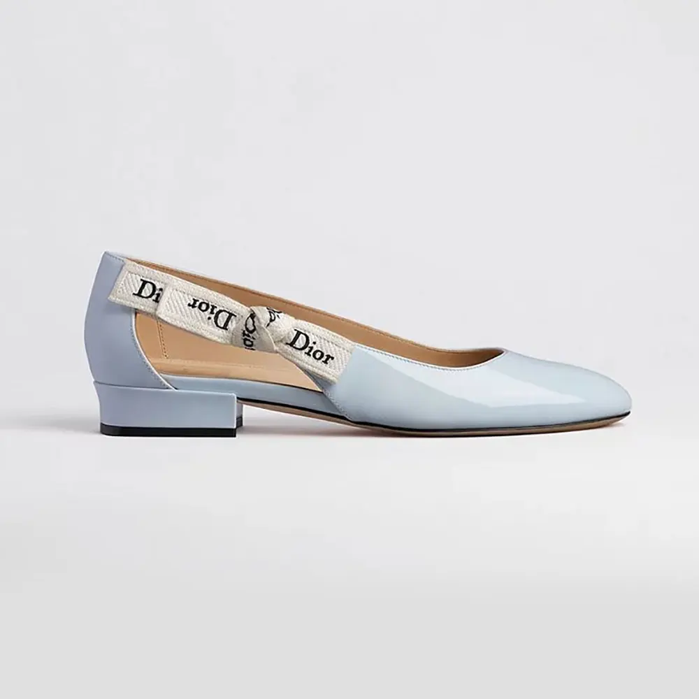 Front angle of Dior Women J’Adior Ballet Flat Ice Lagoon Patent Calfskin