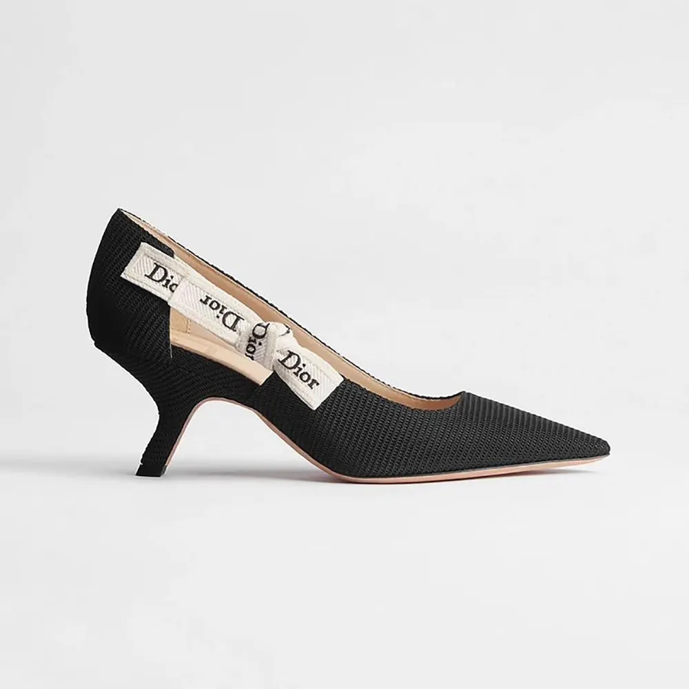 Side view of Dior Women J’Adior Pump Black Technical Fabric showcasing slingback