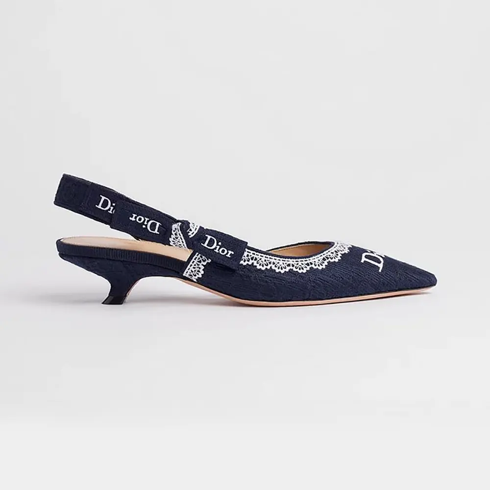 Side profile of Dior Women J’Adior Slingback Pump Blue Dior Oblique Embroidered Cotton and White Lace