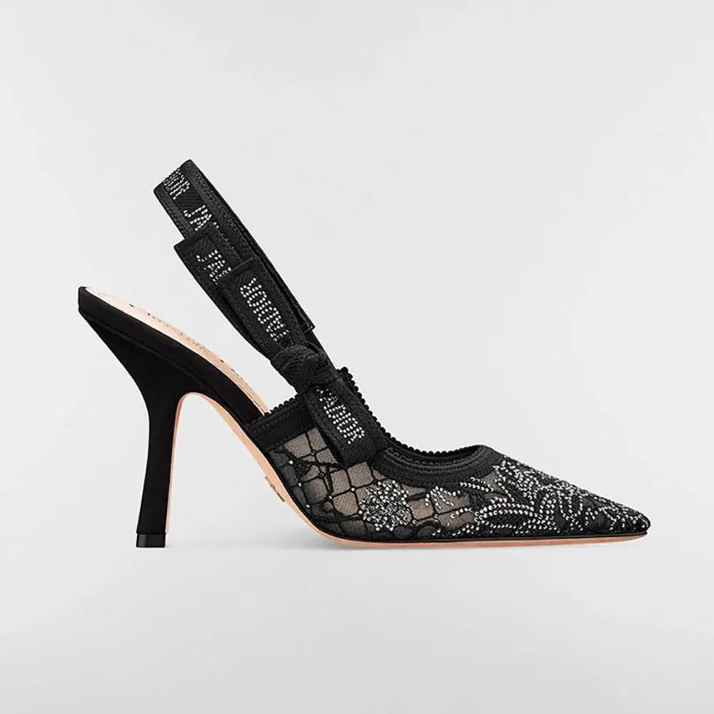 Side view of Dior Women J’Adior Slingback Pump with black millefiori embroidery
