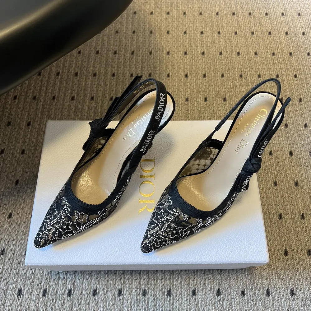 Close-up of transparent mesh and black floral embroidery on Dior slingback pump