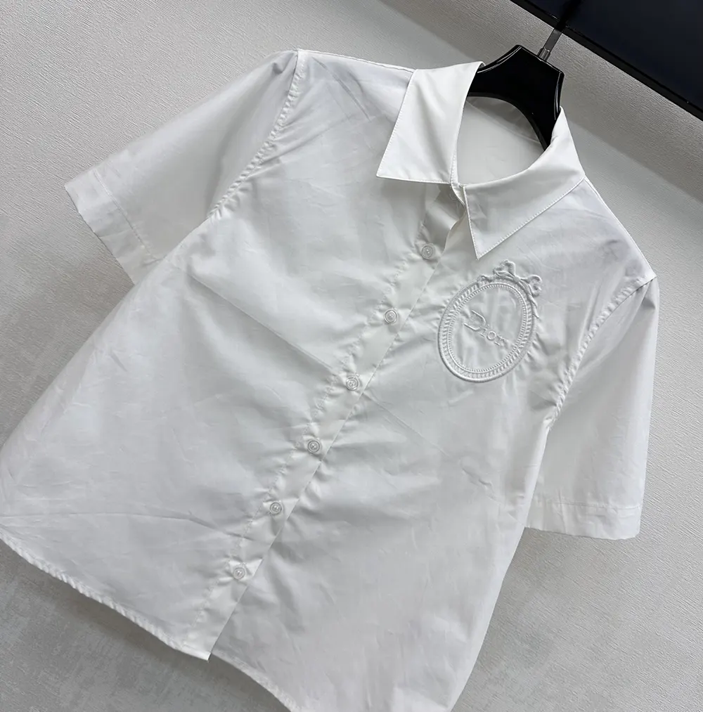 Dior Women Médaillon Embroidered Short-Sleeved Blouse White Cotton Poplin - image 4