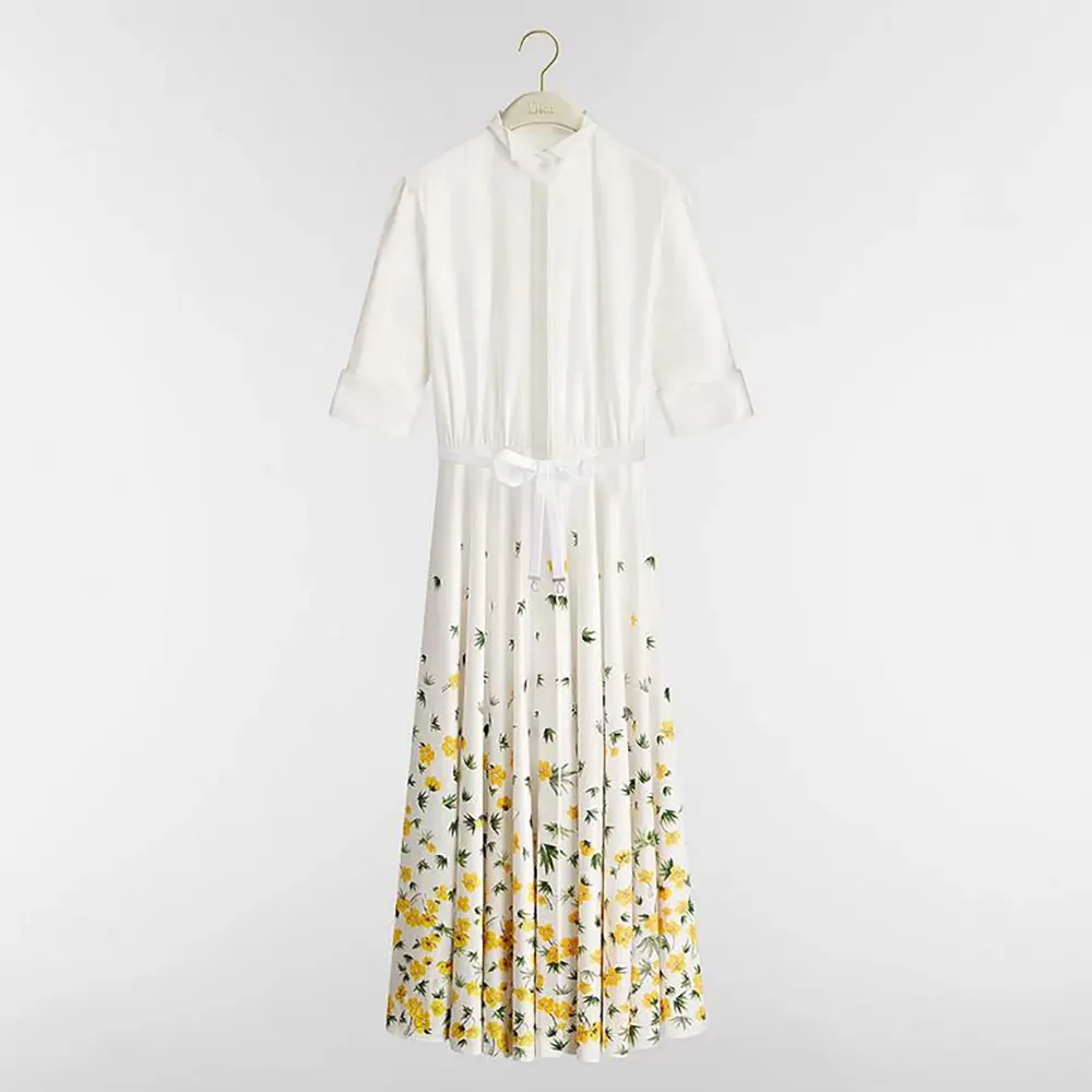 Front view of Dior Women Mid-Length Flared Shirtdress White Cotton Poplin with Buttercup Motif