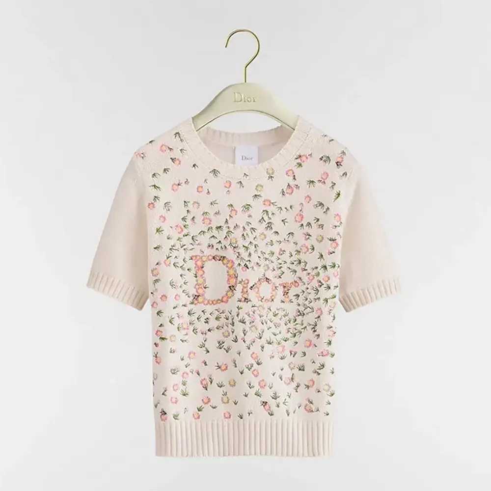 Front view of Dior Women Short-Sleeved Embroidered Sweater Multicolor Daisy Garden