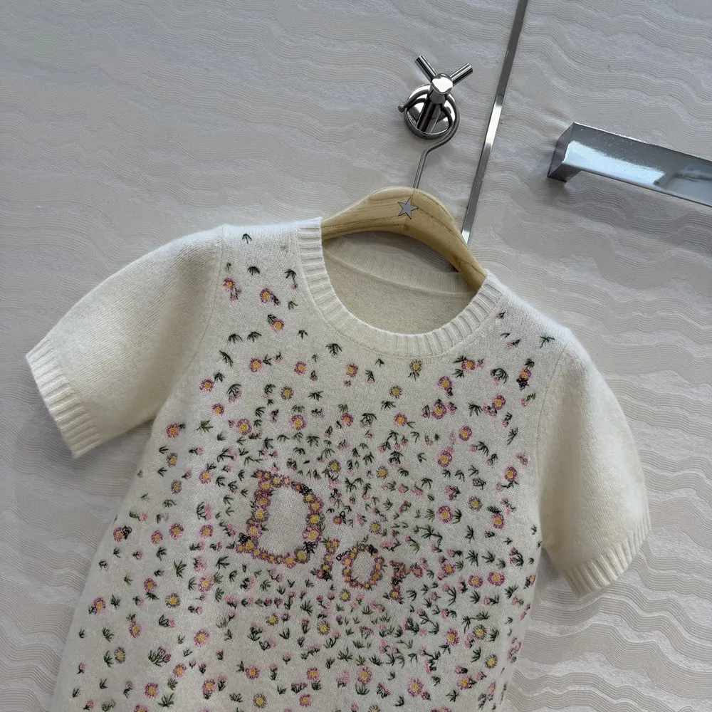 Dior Women Short-Sleeved Embroidered Sweater Multicolor Daisy Garden Cashmere Knit - image 4