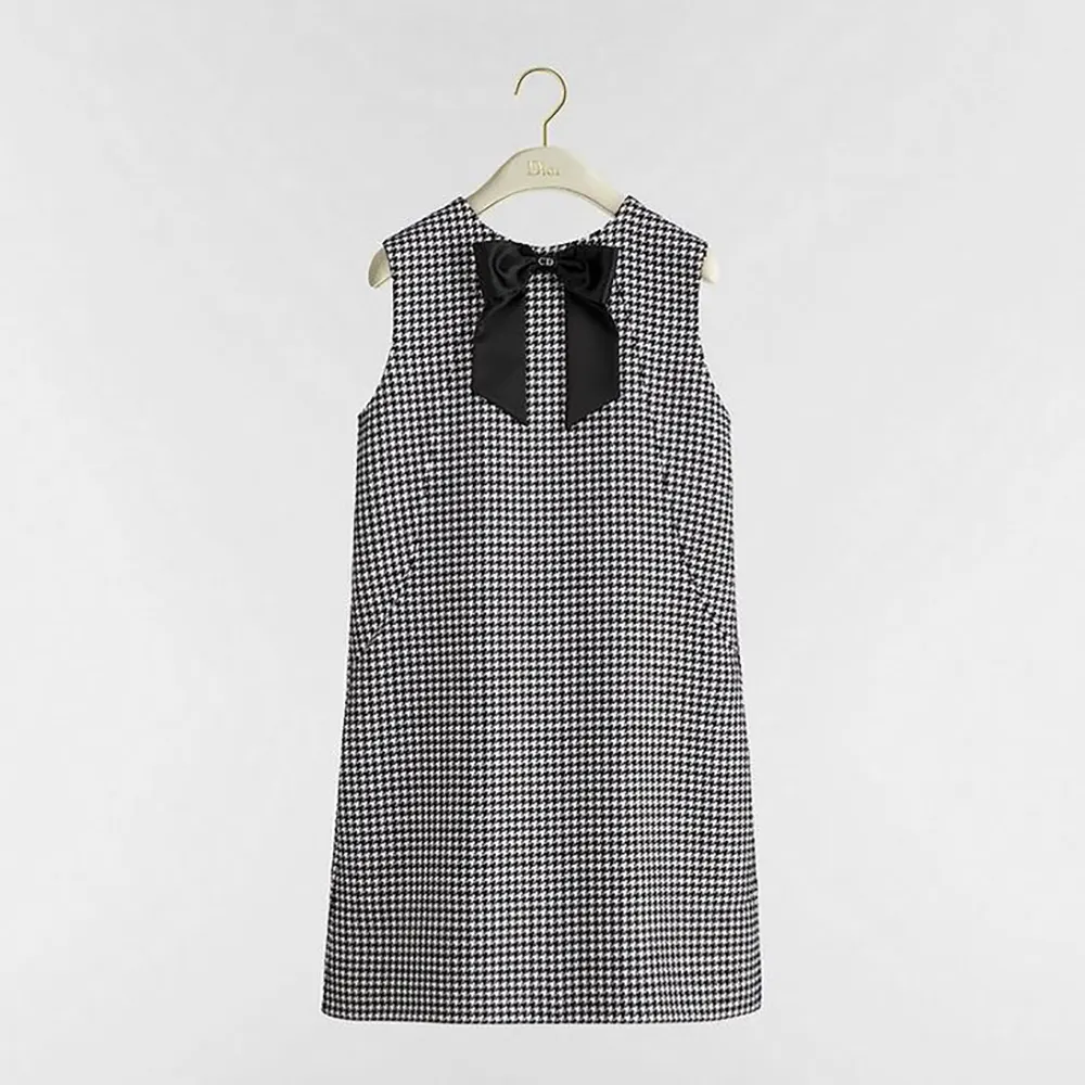 Front view of Dior Women Straight-Cut Short Dress Black and White Houndstooth Virgin Wool Blend