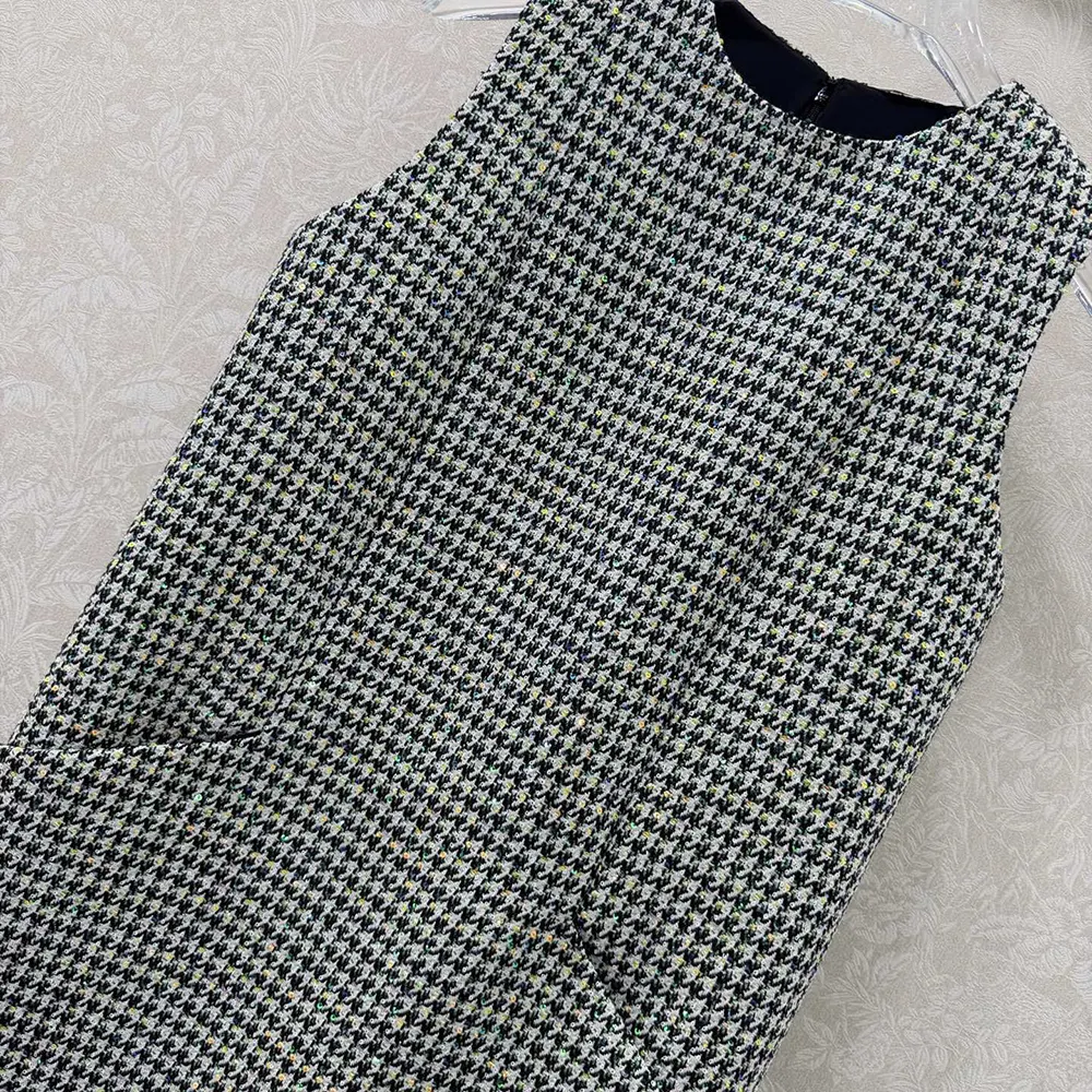 Dior Women Straight Dress Black and White Houndstooth Virgin Wool Blend with Multicolor Sequins - image 5