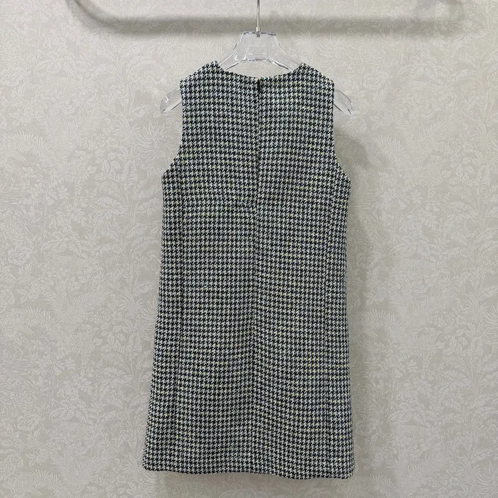 Side angle showing silhouette of Dior Women Straight Dress Black and White Houndstooth Virgin Wool Blend
