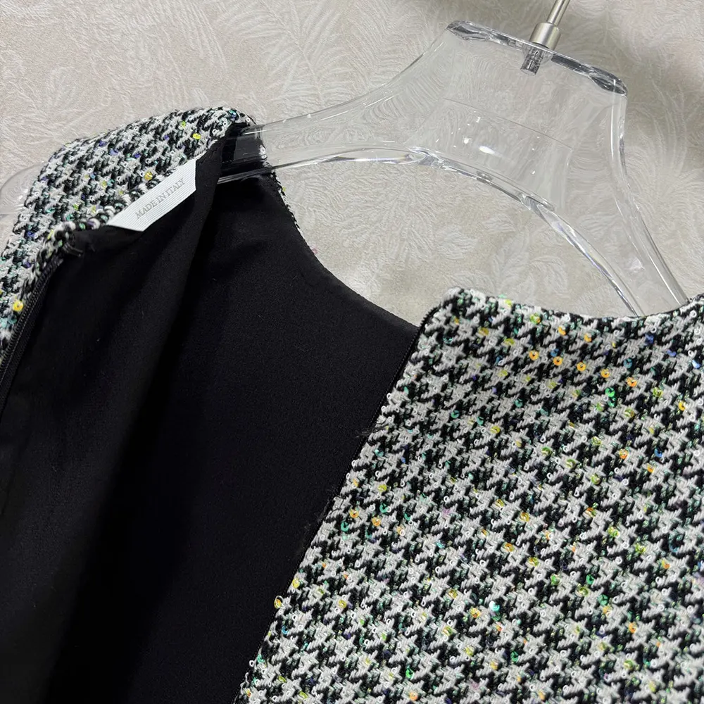 Dior Women Straight Dress Black and White Houndstooth Virgin Wool Blend with Multicolor Sequins - image 7