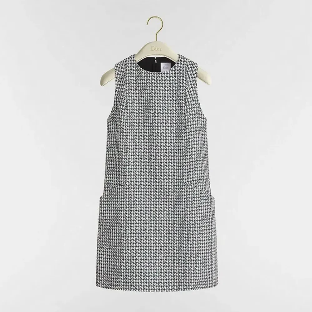 Front view of Dior Women Straight Dress Black and White Houndstooth Virgin Wool Blend with Multicolor Sequins