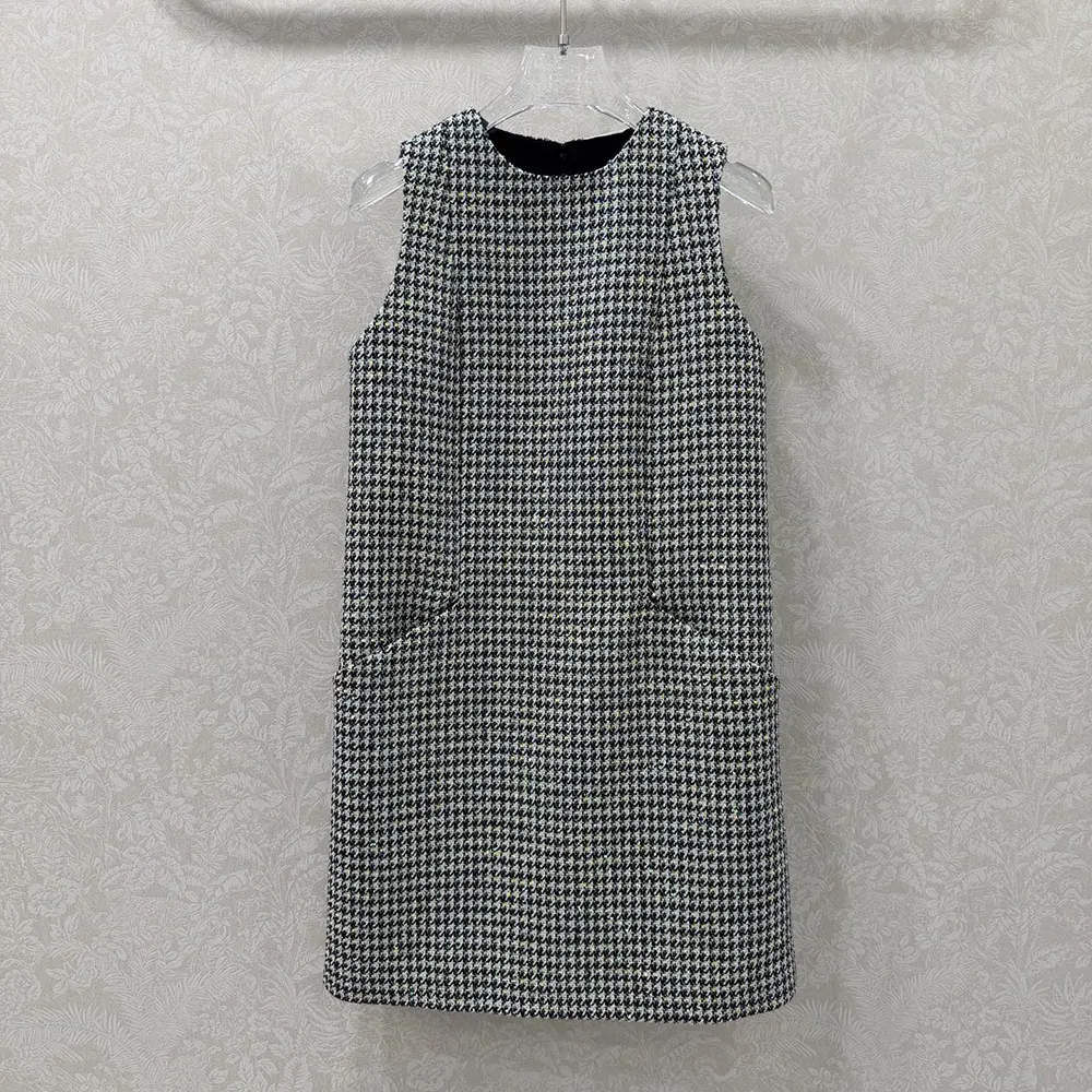 Close-up of multicolor sequin details on Dior Women Straight Dress Black and White Houndstooth Virgin Wool Blend