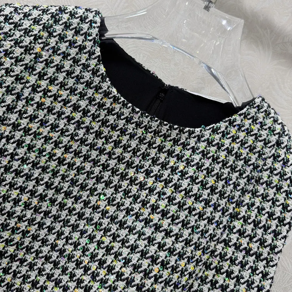Dior Women Straight Dress Black and White Houndstooth Virgin Wool Blend with Multicolor Sequins - image 6