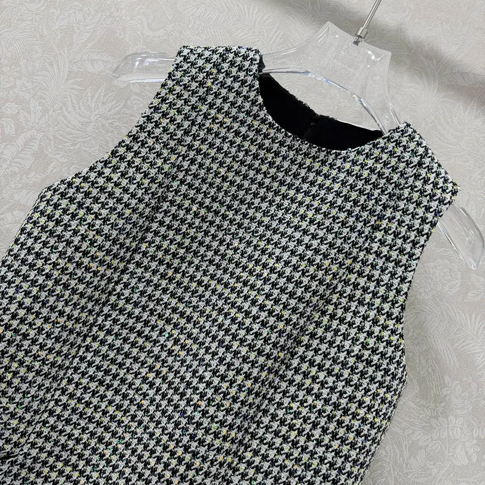 Dior Women Straight Dress Black and White Houndstooth Virgin Wool Blend with Multicolor Sequins - image 4