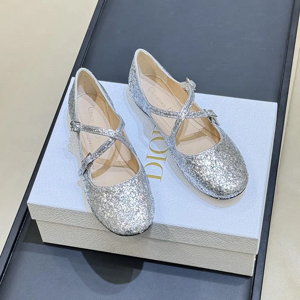 Overhead view showing sleek silhouette of Dior Women Very Dior Ballet Flat Silver-Tone