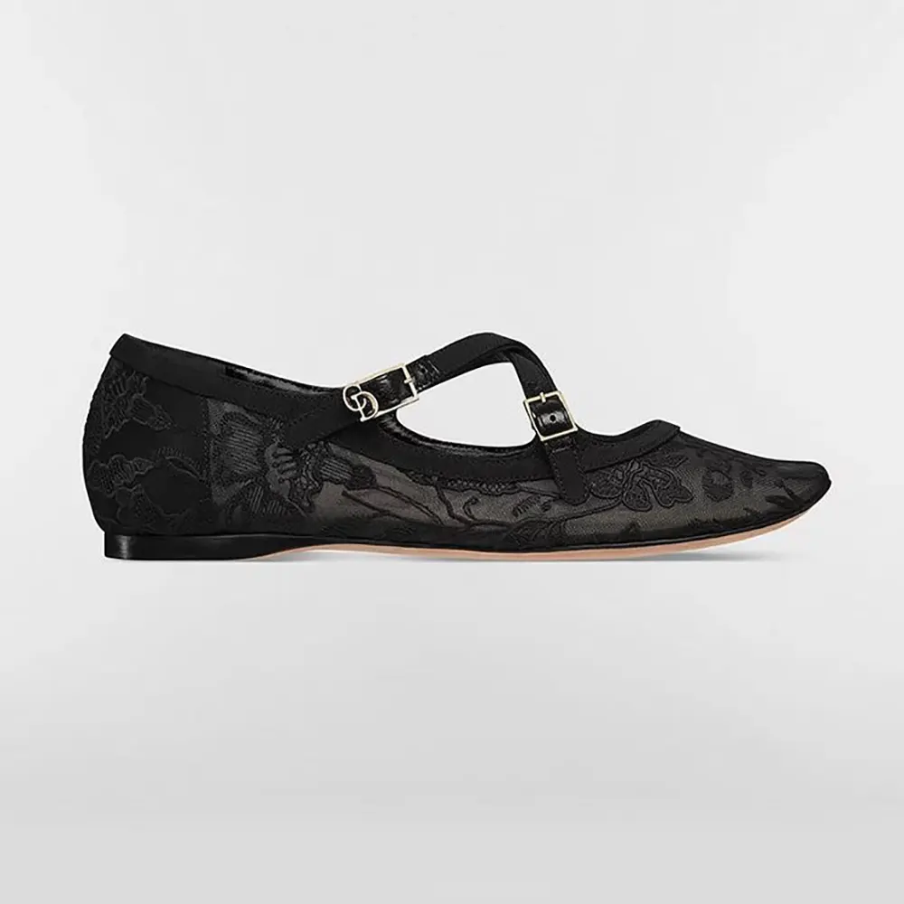 Side view of Dior Women Very Dior Ballet Flat Transparent Mesh Embroidered