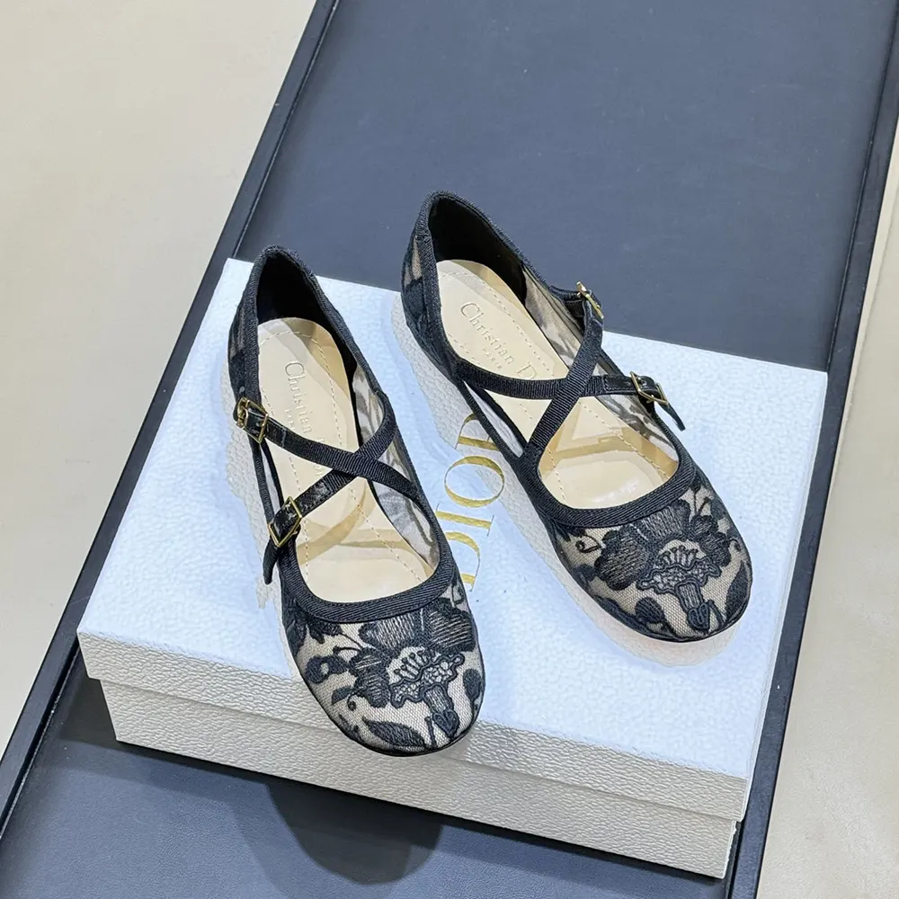 Close-up of black Millefiori embroidery on Dior Very Dior Ballet Flat